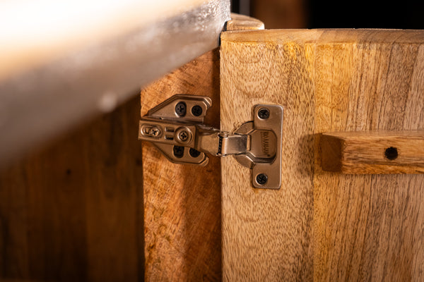 Reno Flute Art Deco Design Solid Mango Wood Open Bookshelf Bar Cabinet with 2 Doors and Black Trims 170 cm