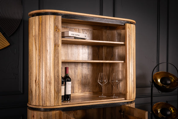Reno Flute Art Deco Design Solid Mango Wood Open Bookshelf Bar Cabinet with 2 Doors and Black Trims 170 cm