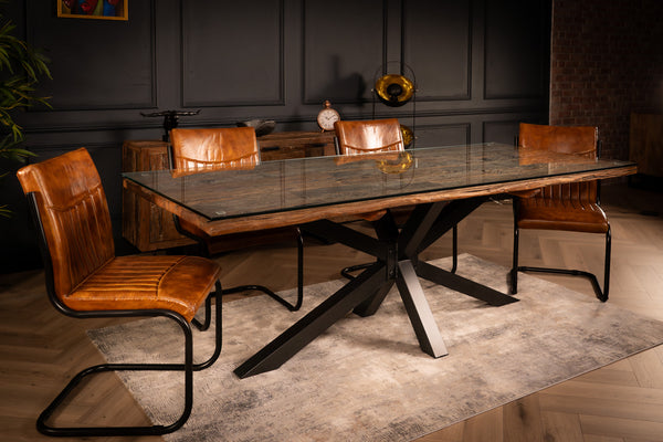 Forest Solid Recycled Wood Dining Table with Glass Top and Black Frame 220 cm