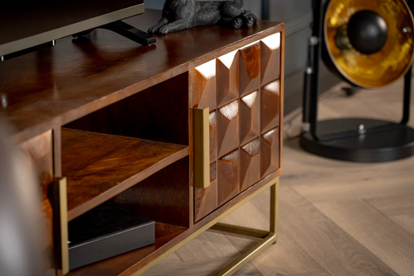 Memento Solid Mango Wood TV unit in Dark Brown with Golden Frame and 2 Doors 128 cm
