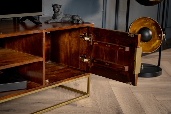 Memento Solid Mango Wood TV unit in Dark Brown with Golden Frame and 2 Doors 128 cm
