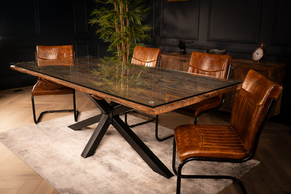 Forest Solid Recycled Wood Dining Table with Glass Top and Black Frame 220 cm
