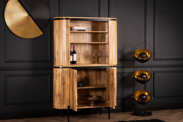 Reno Flute Art Deco Design Solid Mango Wood Open Bookshelf Bar Cabinet with 2 Doors and Black Trims 170 cm
