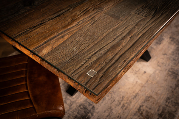 Forest Solid Recycled Wood Dining Table with Glass Top and Black Frame 220 cm