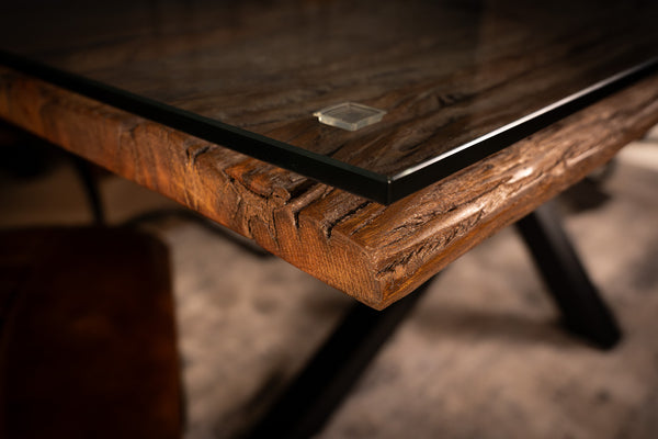 Forest Solid Recycled Wood Dining Table with Glass Top and Black Frame 220 cm