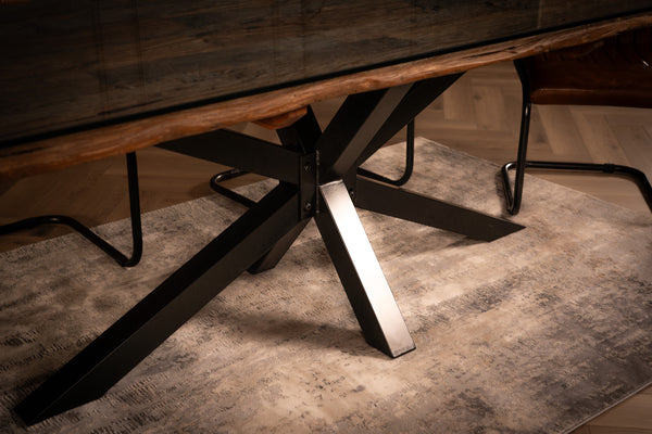 Forest Solid Recycled Wood Dining Table with Glass Top and Black Frame 220 cm