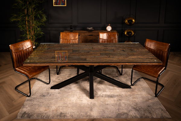 Forest Solid Recycled Wood Dining Table with Glass Top and Black Frame 220 cm