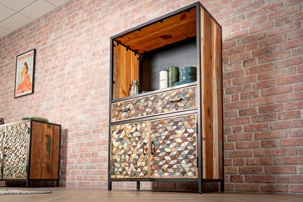 Iron Sky Recycled Mango Wood and Black Metal Frame Highboard Cebinet Bookshelf Bar 160 cm