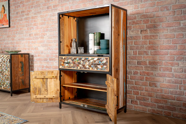 Iron Sky Recycled Mango Wood and Black Metal Frame Highboard Cebinet Bookshelf Bar 160 cm