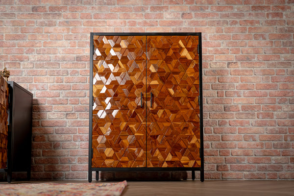 Woodcraft Solid Old Recycled Teak and Acacia Highboard Bar Cabinet with Iron Frame 120 cm