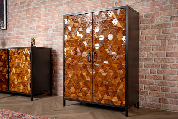 Woodcraft Solid Old Recycled Teak and Acacia Highboard Bar Cabinet with Iron Frame 120 cm