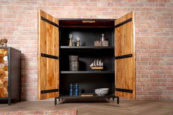 Woodcraft Solid Old Recycled Teak and Acacia Highboard Bar Cabinet with Iron Frame 120 cm