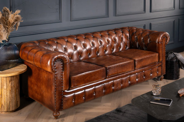 Antique Look Genuine Leather Chesterfield 3 Seater Sofa Brown 228 cm