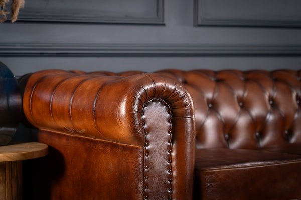 Antique Look Genuine Leather Chesterfield 3 Seater Sofa Brown 228 cm