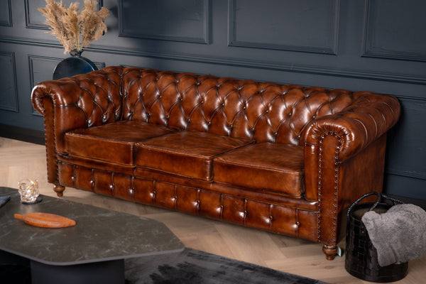 Antique Look Genuine Leather Chesterfield 3 Seater Sofa Brown 228 cm