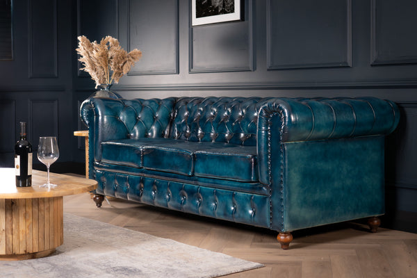 Antique Look Genuine Leather Chesterfield 3 Seater Sofa Teal 228 cm
