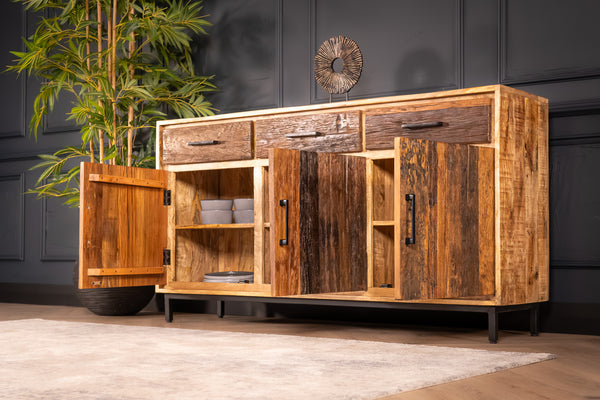 Factory Solid Industrial Style Mango Wood Sideboard with Fronts Made of Recycled Wood 160 cm