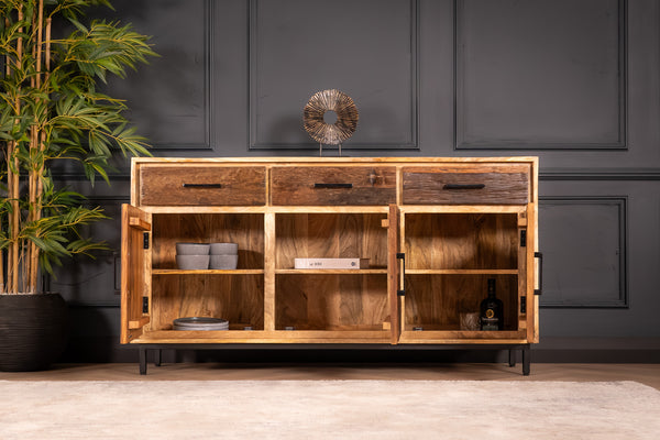 Factory Solid Industrial Style Mango Wood Sideboard with Fronts Made of Recycled Wood 160 cm