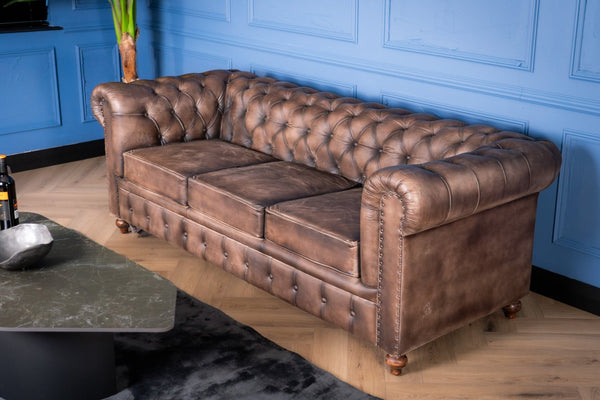 Antique Look Genuine Leather Chesterfield 3 Seater Sofa Taupe 228 cm