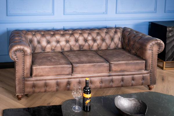 Antique Look Genuine Leather Chesterfield 3 Seater Sofa Taupe 228 cm