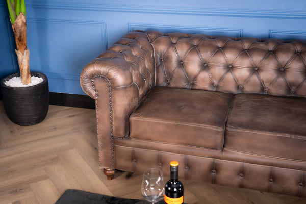 Antique Look Genuine Leather Chesterfield 3 Seater Sofa Taupe 228 cm