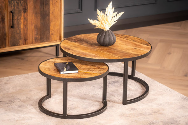 Woodland Lounge Mango Wood Set of 2 Coffee Tables with Black Frame