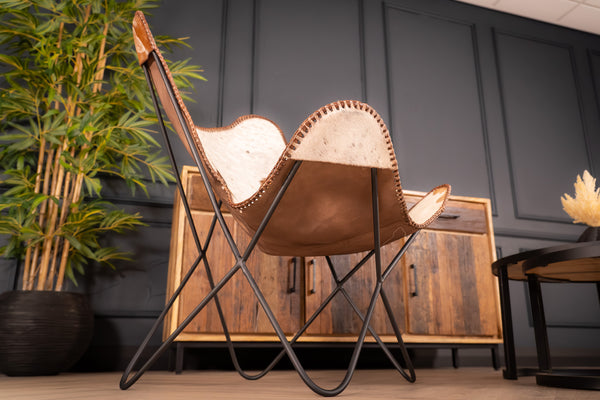 Butterfly Retro Style Real Leather Spotted Brown White Lounge Chair