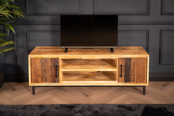 Factory Solid Industrial Style Mango Wood TV unit with Fronts Made of Recycled Wood 145 cm