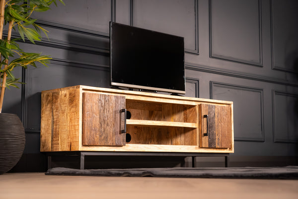 Factory Solid Industrial Style Mango Wood TV unit with Fronts Made of Recycled Wood 145 cm