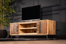 Factory Solid Industrial Style Mango Wood TV unit with Fronts Made of Recycled Wood 145 cm