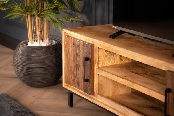 Factory Solid Industrial Style Mango Wood TV unit with Fronts Made of Recycled Wood 145 cm