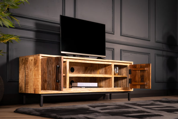 Factory Solid Industrial Style Mango Wood TV unit with Fronts Made of Recycled Wood 145 cm
