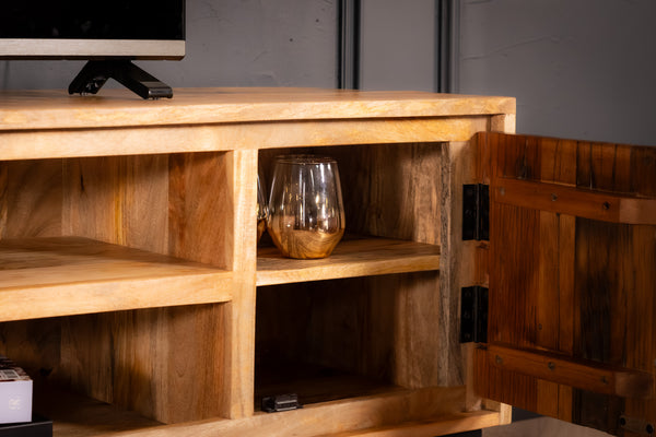 Factory Solid Industrial Style Mango Wood TV unit with Fronts Made of Recycled Wood 145 cm