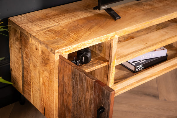 Factory Solid Industrial Style Mango Wood TV unit with Fronts Made of Recycled Wood 145 cm