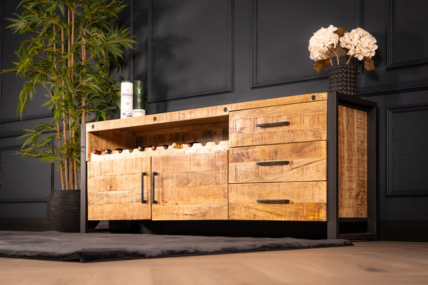 Iron Industrial Style Large Mango Wood Sideboard with Bottle Holder 193 cm