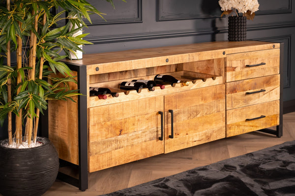 Iron Industrial Style Large Mango Wood Sideboard with Bottle Holder 193 cm