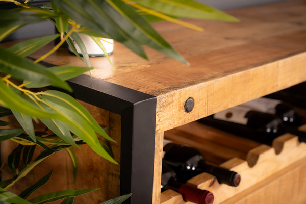 Iron Industrial Style Large Mango Wood Sideboard with Bottle Holder 193 cm