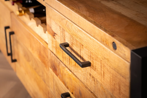 Iron Industrial Style Large Mango Wood Sideboard with Bottle Holder 193 cm