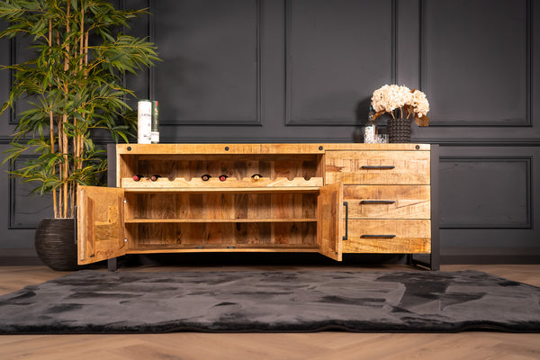 Iron Industrial Style Large Mango Wood Sideboard with Bottle Holder 193 cm