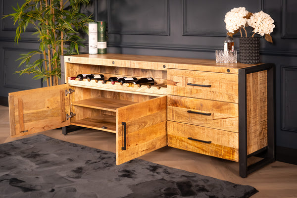 Iron Industrial Style Large Mango Wood Sideboard with Bottle Holder 193 cm