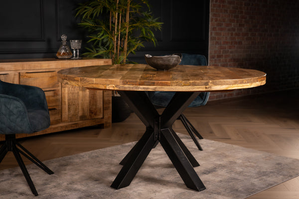 Galaxie Industrial Design Natural Mango Wood Round Dining Table with Black Legs 140 cm