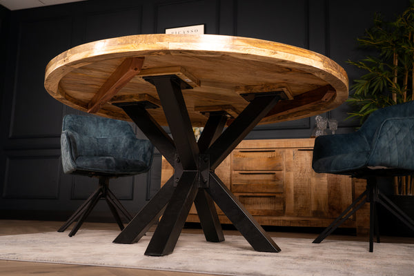 Galaxie Industrial Design Natural Mango Wood Round Dining Table with Black Legs 120 cm