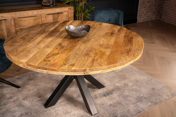 Galaxie Industrial Design Natural Mango Wood Round Dining Table with Black Legs 140 cm