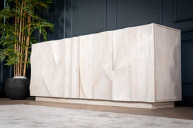 White Mountain Design Large Solid Mango Wood Sideboard with 3D Rock Carving in White 213 cm