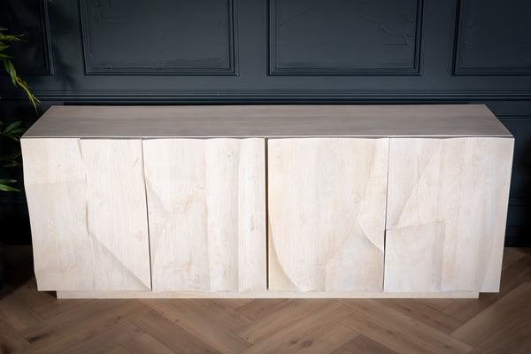 White Mountain Design Large Solid Mango Wood Sideboard with 3D Rock Carving in White 213 cm