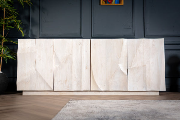 White Mountain Design Large Solid Mango Wood Sideboard with 3D Rock Carving in White 213 cm