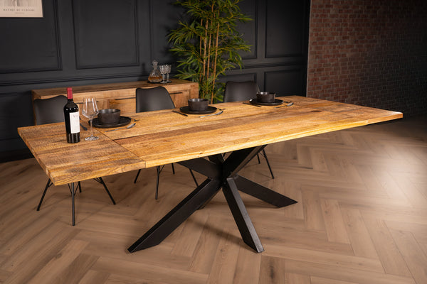 Galaxie Solid Mango Wood Industrial Extendable Dining Table with Star Shaped Frame 160-240 cm