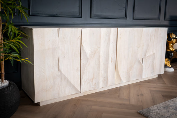 White Mountain Design Large Solid Mango Wood Sideboard with 3D Rock Carving in White 213 cm