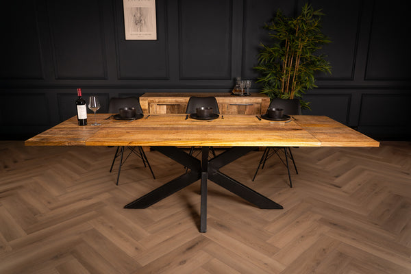 Galaxie Solid Mango Wood Industrial Extendable Dining Table with Star Shaped Frame 160-240 cm