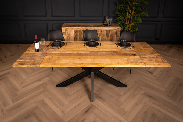 Galaxie Solid Mango Wood Industrial Extendable Dining Table with Star Shaped Frame 160-240 cm